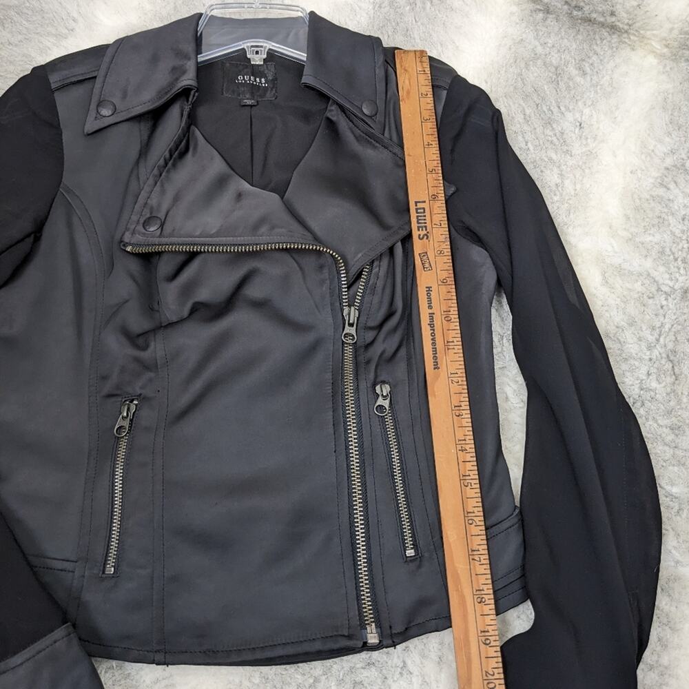 GUESS Satin Cropped Moto Jacket Sheer Sleeve Black XS Y2K - Picture 14 of 16